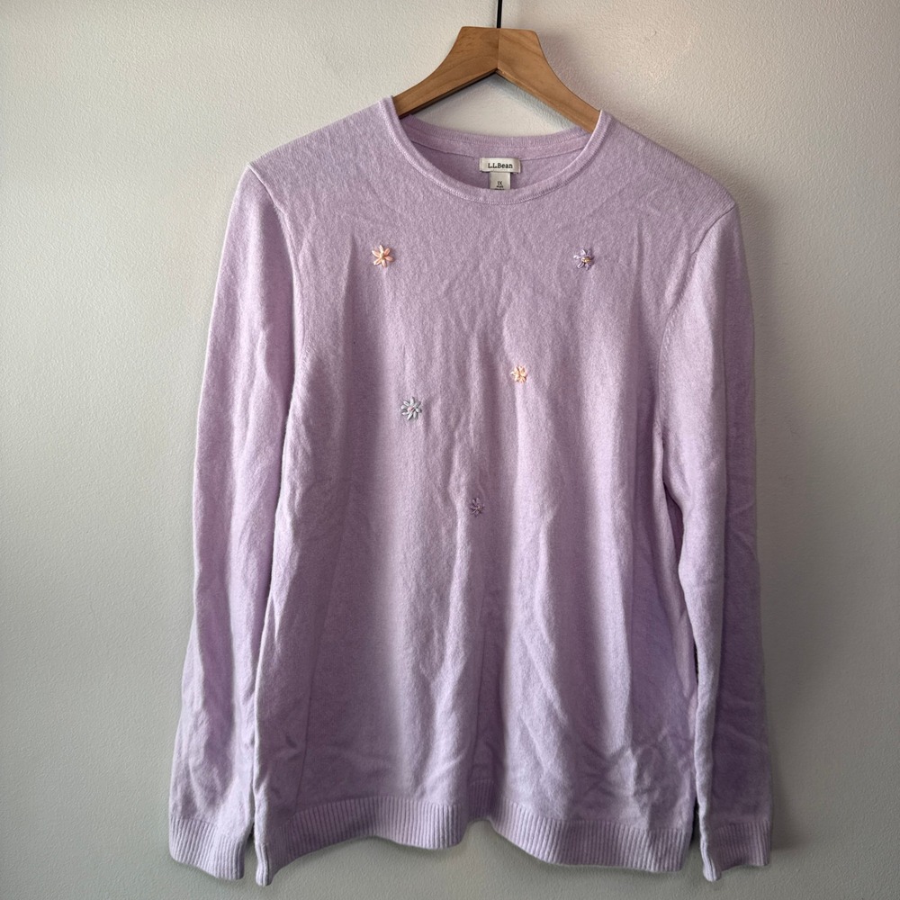 L.L. Bean 100% Cashmere Women's Lavender Floral Embroidered Sweater Size 1X Plus